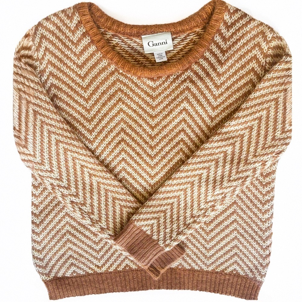 Ganni Chevron Wool Angora Knit Sweater Brown Cream Anthropologie – Size S